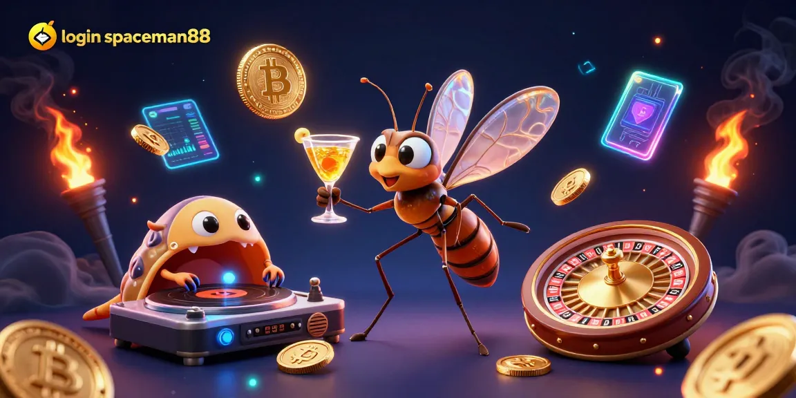 Spin to win with login spaceman88 as a 3D cartoon mosquito casino mascot and vibrant crypto elements.