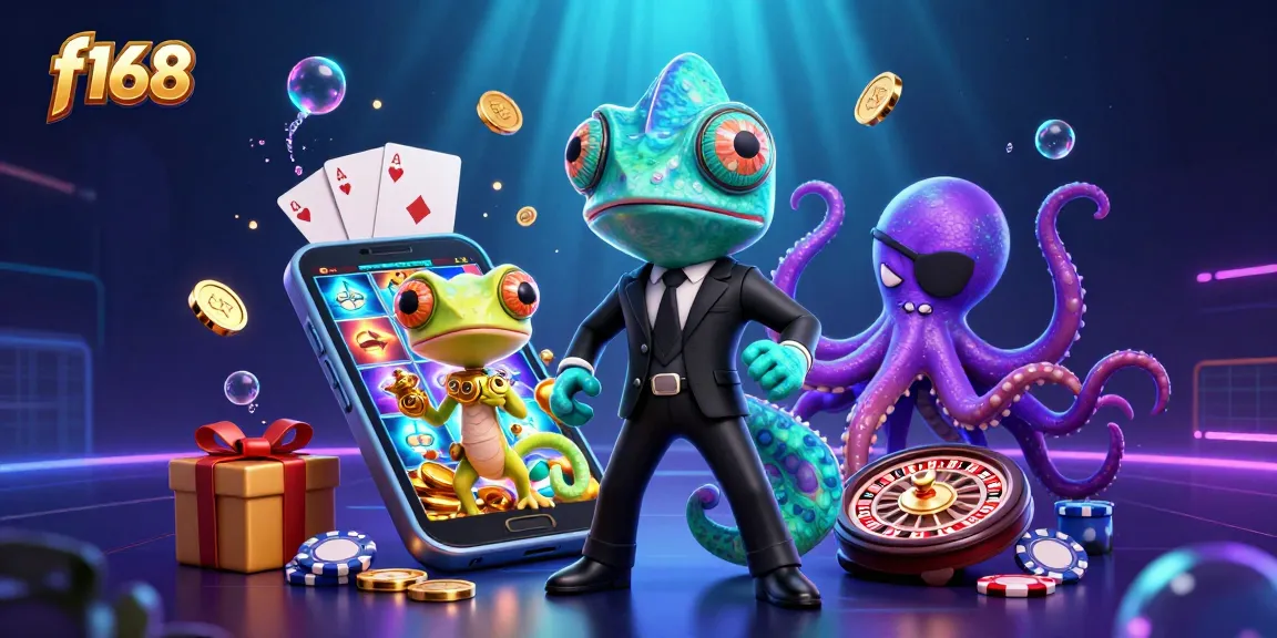 Play thrilling slot games at f168 with a chameleon agent and tech-gecko, surrounded by golden coins.