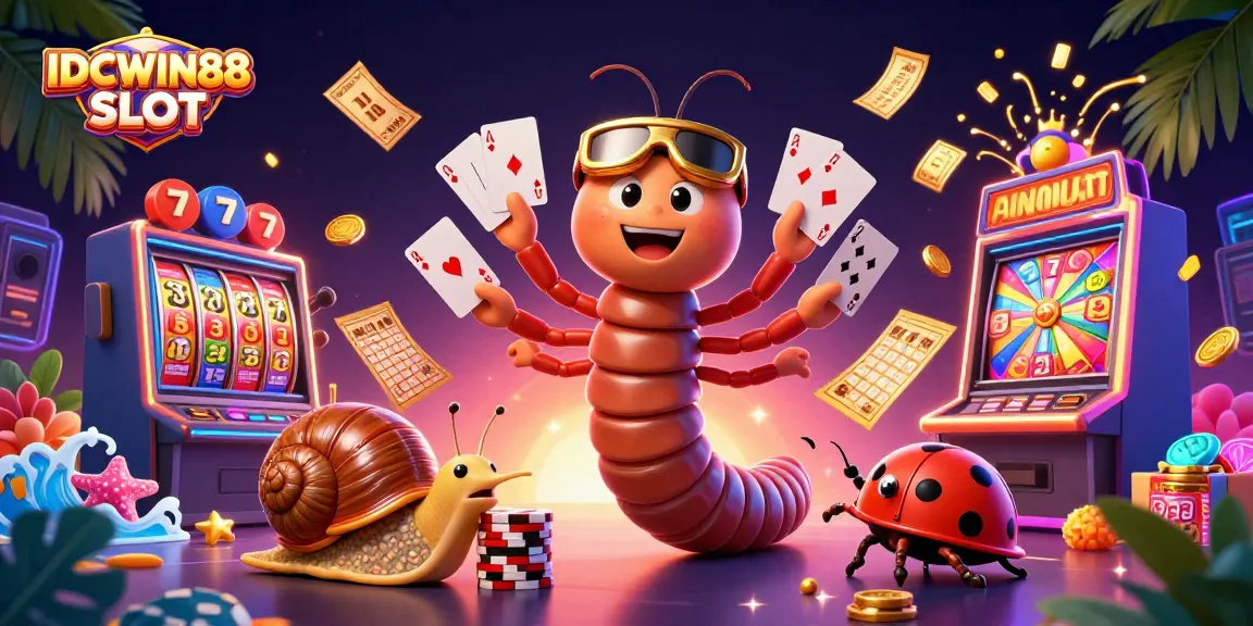 Engage the excitement of IDCWIN88 SLOT with a cartoon scene of a dealer and playful characters amidst vibrant gaming elements.