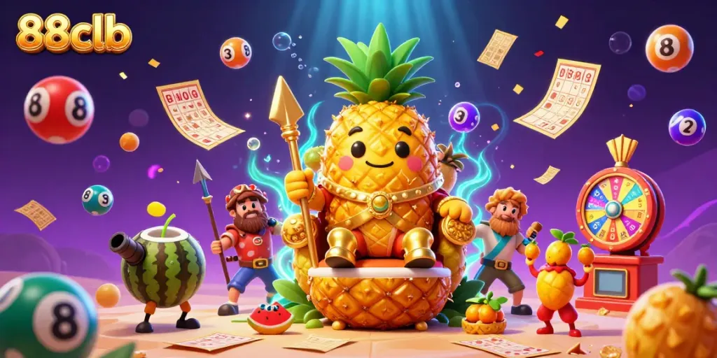 Experience the vibrant world of 88clb's casino with a playful pineapple king and dynamic game elements.