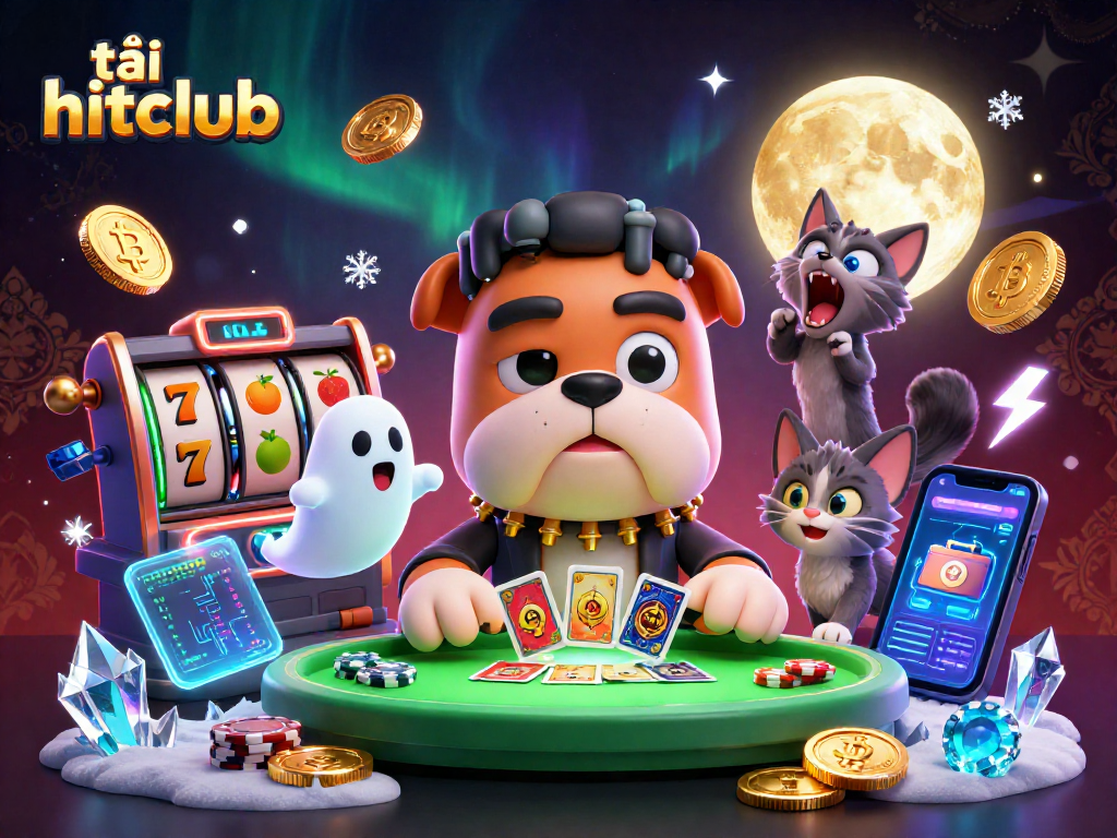 Engage in the thrilling tải hitclub scene featuring a Frankenstein bulldog and a werewolf kitten amid vibrant casino action.