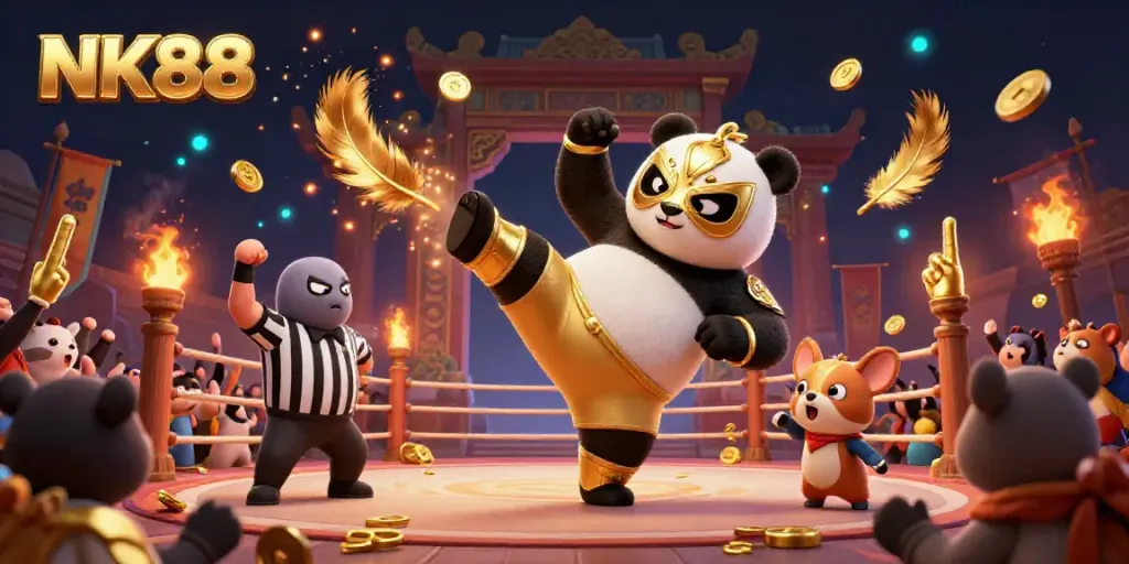 Experience the excitement of NK88 with a panda wrestler and animal crowd celebrating a thrilling casino environment.