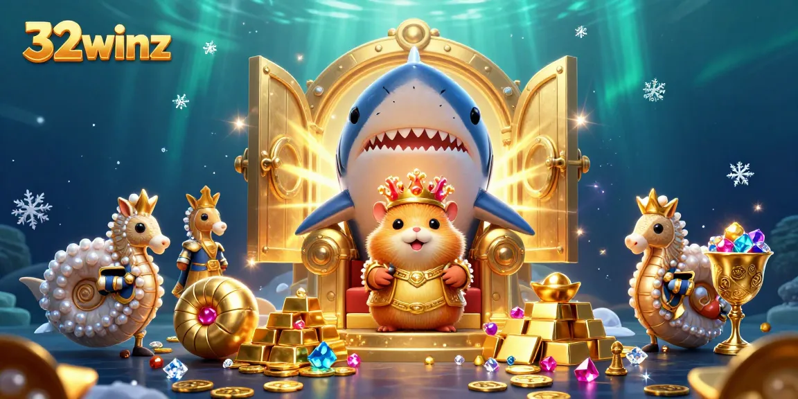 Engage with the 32winz gaming universe through a vibrant illustration of a golden hamster king ruling the treasure realm.