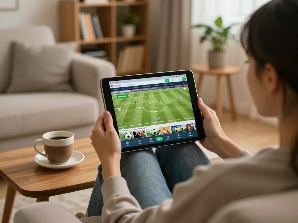 Socolive user enjoying a live soccer stream on tablet in a cozy home setting