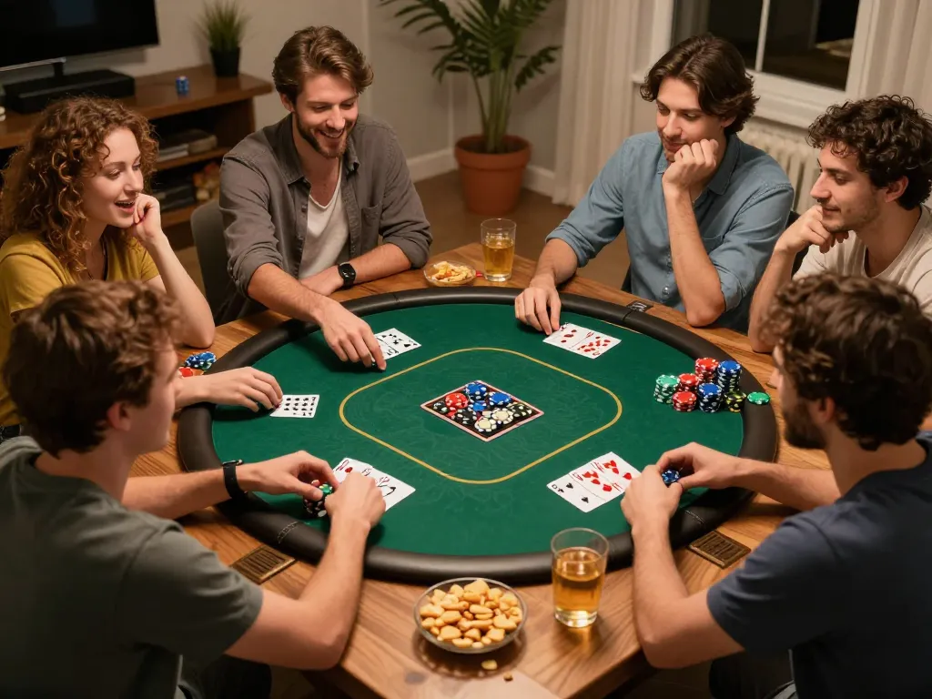 Friends enjoying a game đổi thưởng night, playing poker with colorful chips and cards.