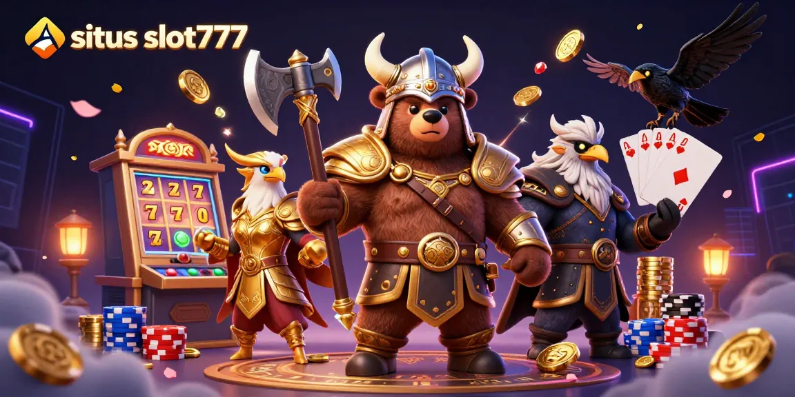Spin the reels at situs slot777 with a Viking bear and Valkyrie eagle amidst cascading coins and vibrant poker chips.