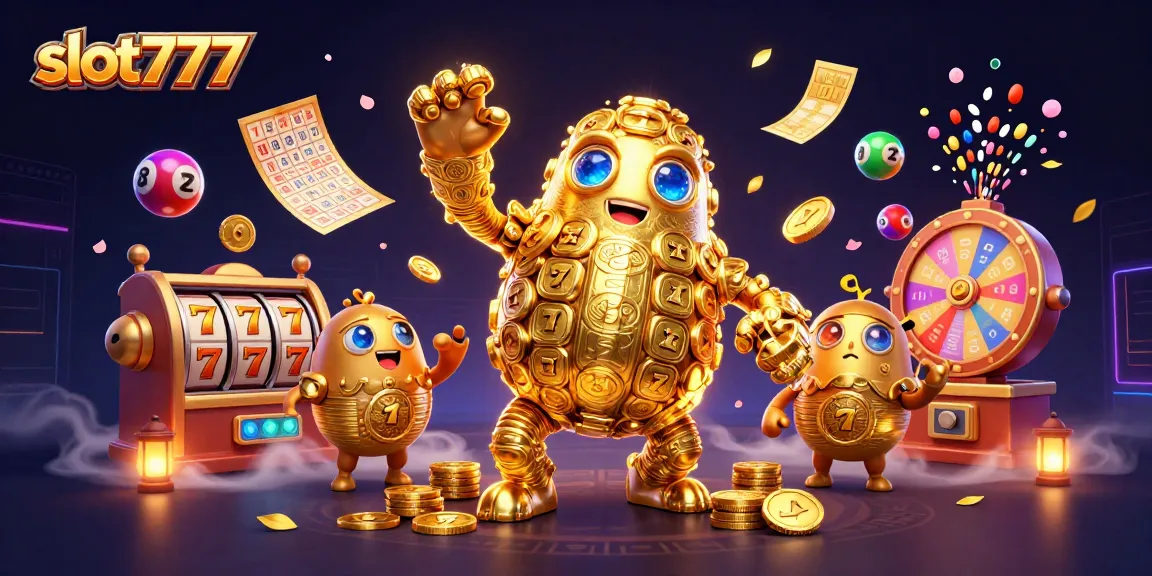 Spin to win with slot777 as golden golems and lottery elements create a vibrant casino scene.