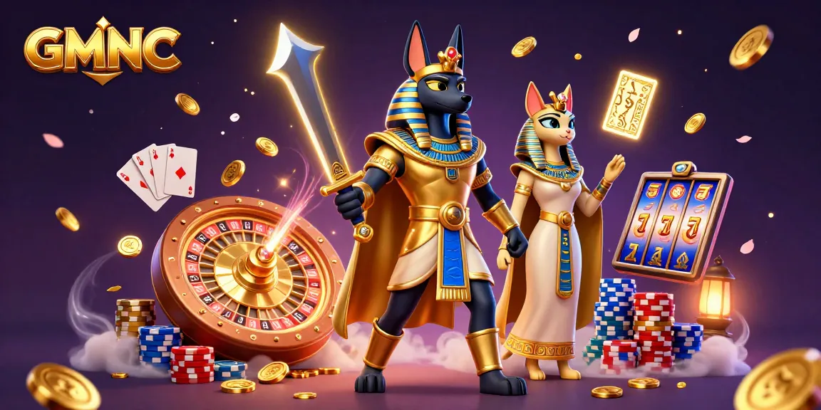 GMNC showcases ancient Egyptian figures amidst dynamic casino action with gold coins, cards, and roulette.