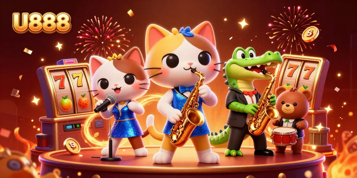 Experience the thrilling U888 slots scene with vibrant characters and dynamic casino elements.