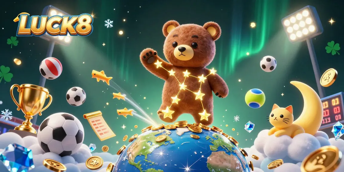 LUCK8 players enjoy vibrant casino excitement with shooting stars, coins, and sports betting elements in a dynamic scene