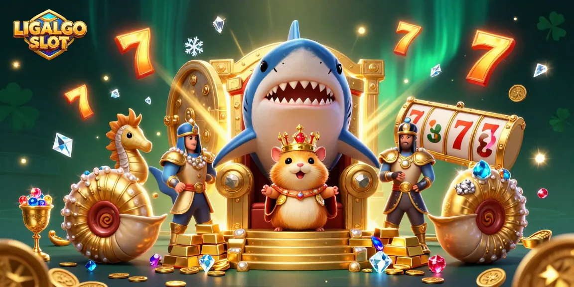 LIGALGO SLOT showcases a vibrant dynamic casino scene with a golden hamster king and treasures.