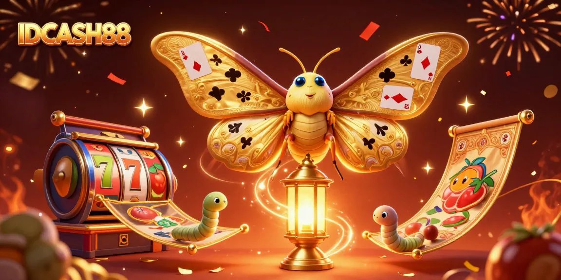 Experience IDCASH88's exciting casino dynamics with golden moths and vibrant slot symbols.
