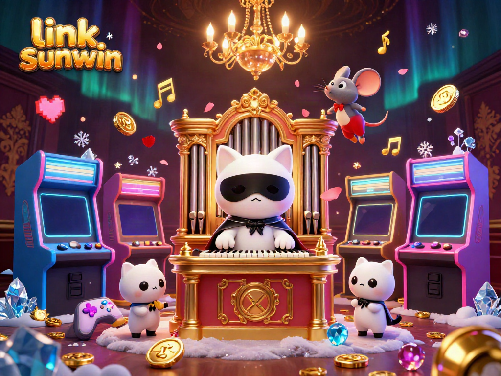 Engage in exciting gameplay with "link sunwin" in this vibrant casino scene featuring a whimsical cat and a mouse acrobat.