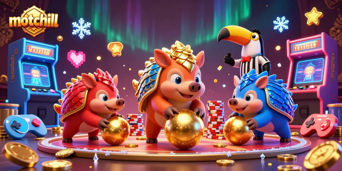 Engage in exciting gameplay with motchill's animated pangolins bowling through vibrant casino chips and golden prizes.