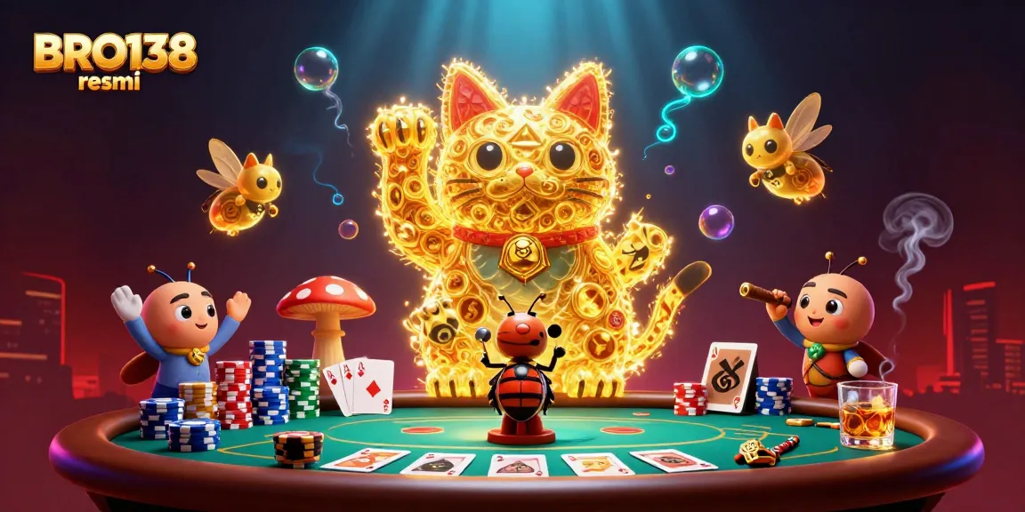 Experience the thrill of gaming with BRO138 resmi featuring a vibrant lucky cat and dynamic casino elements.