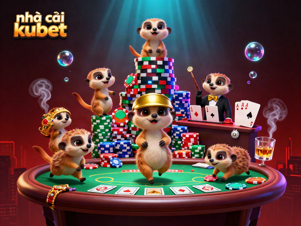 Engage with nhà cái kubet's vibrant casino scene featuring meerkats managing colorful poker chips.