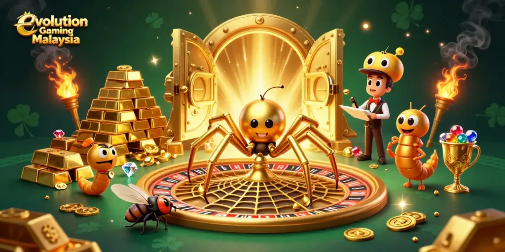 Engage with Evolution Gaming Malaysia's vibrant live casino action featuring a golden spider and roulette.