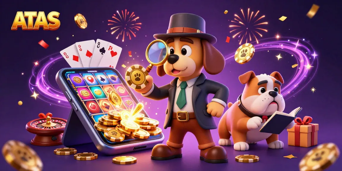 ATAS Casino showcases a detective and companion investigating a poker chip clue amidst slot games and festive atmosphere.