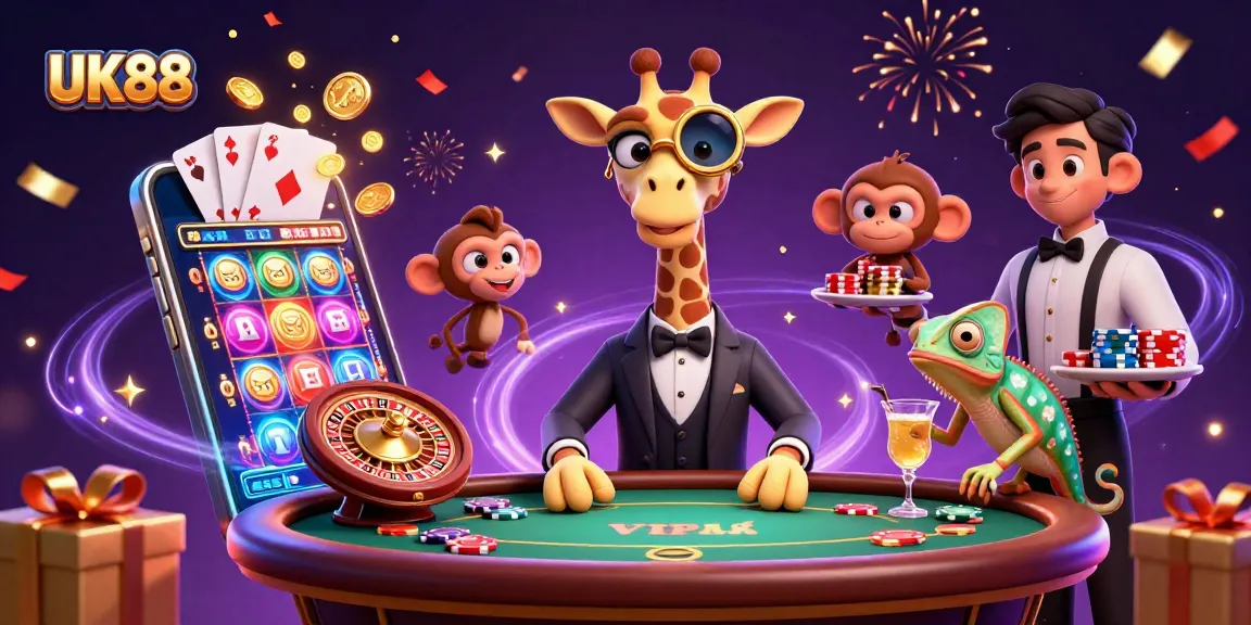 Experience the thrill of UK88 with a lively casino scene featuring a high-roller giraffe and gaming elements.