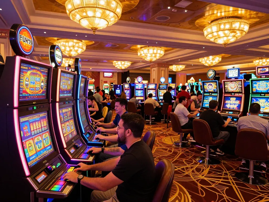 Players engaging with vibrant slot machines at FUN79 com casino, highlighting excitement and luxury.