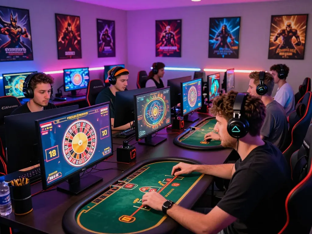 Players enjoying various games at an online casino, highlighting rr88com's vibrant gaming community and modern setups.