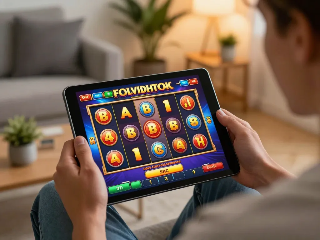 Engaging in situs slot gameplay on a tablet in a stylish home setting, showcasing vibrant slot reels and exciting bonus features.