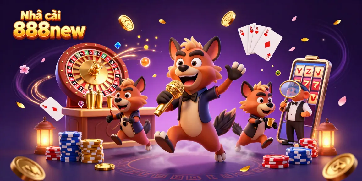 Engage with Nhà cái 888new as hyenas entertain in a vibrant casino environment filled with sparkling elements.