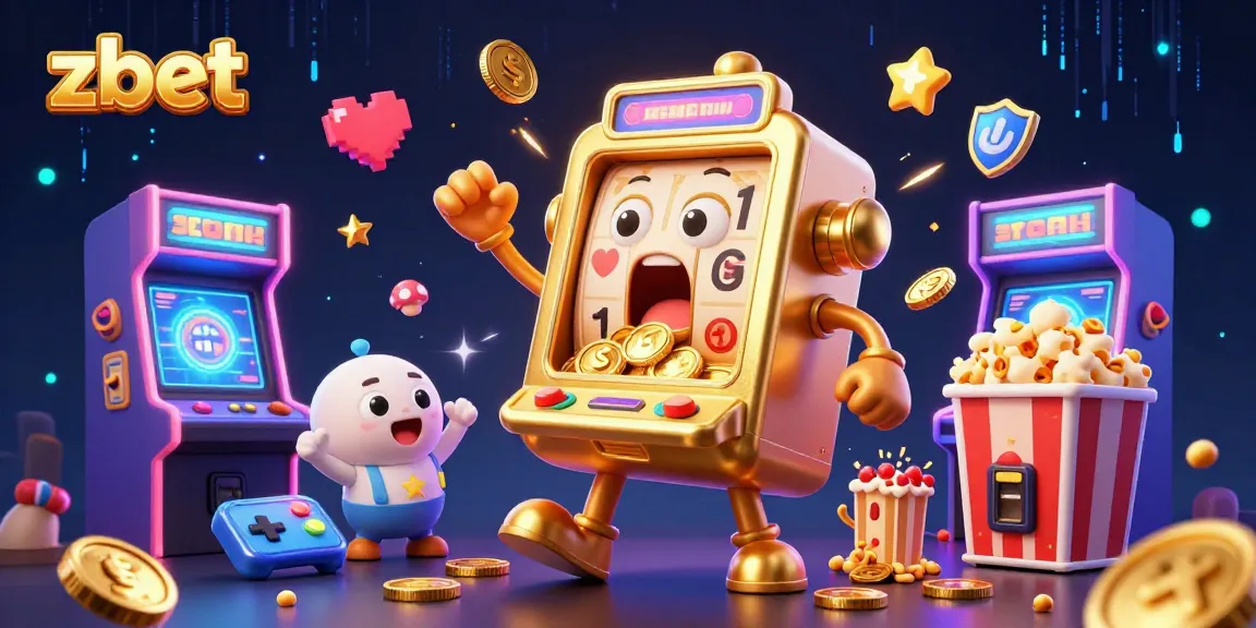 Zbet slot machine wins jackpot with coins spilling out, amid colorful arcade game elements.