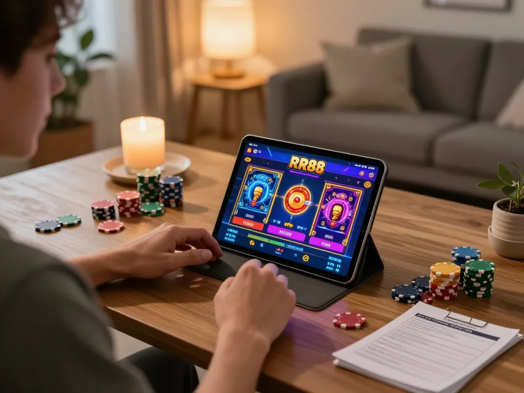 Player enjoying RR88 casino app on tablet in a cozy gaming setup
