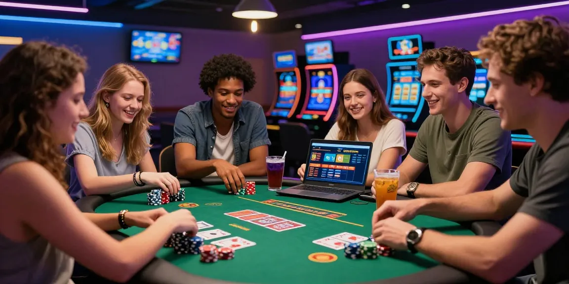 Gruppe von Freunden, die einen Abend in einem Paysafe Card Casino verbringen, lebendige Chips und digitale Bildschirme, die den Spaß verstärken.