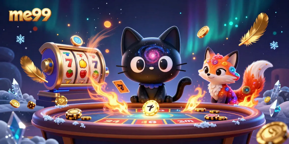 Experience thrilling fun with me99 in this vibrant cosmic casino scene featuring captivating characters and slot reels.