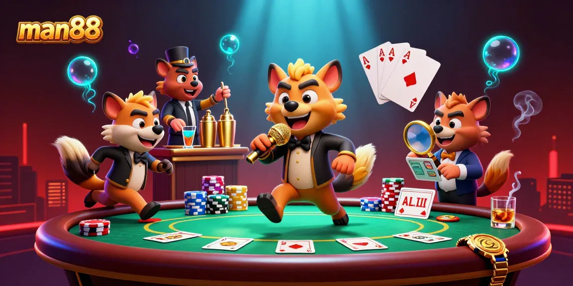 Join the fun at man88's lively comedy casino club with hyenas and games galore.