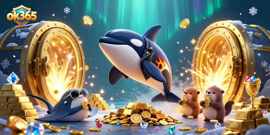 ok365 features a playful orca whale and otters amidst dazzling casino riches, creating an engaging atmosphere.