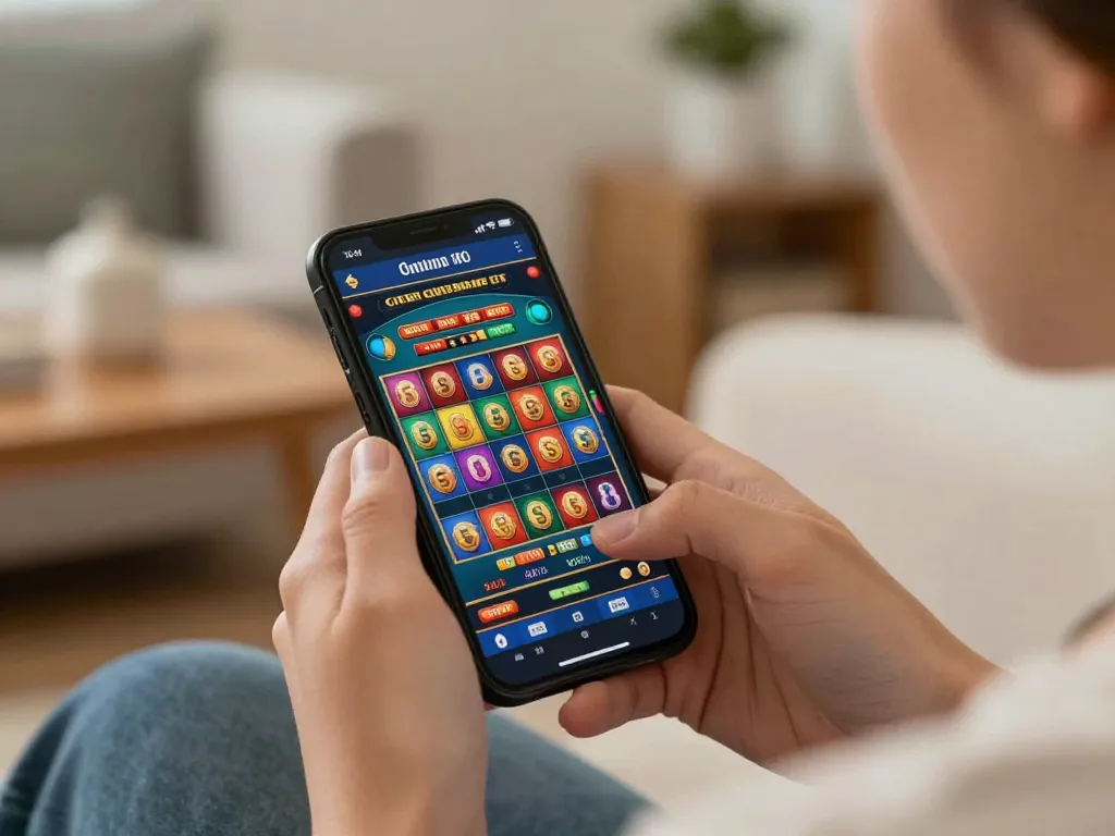 Engaging mobile gameplay in the trò chơi sc88 app, showcasing exciting slot features and user-friendly interface in a cozy home setting