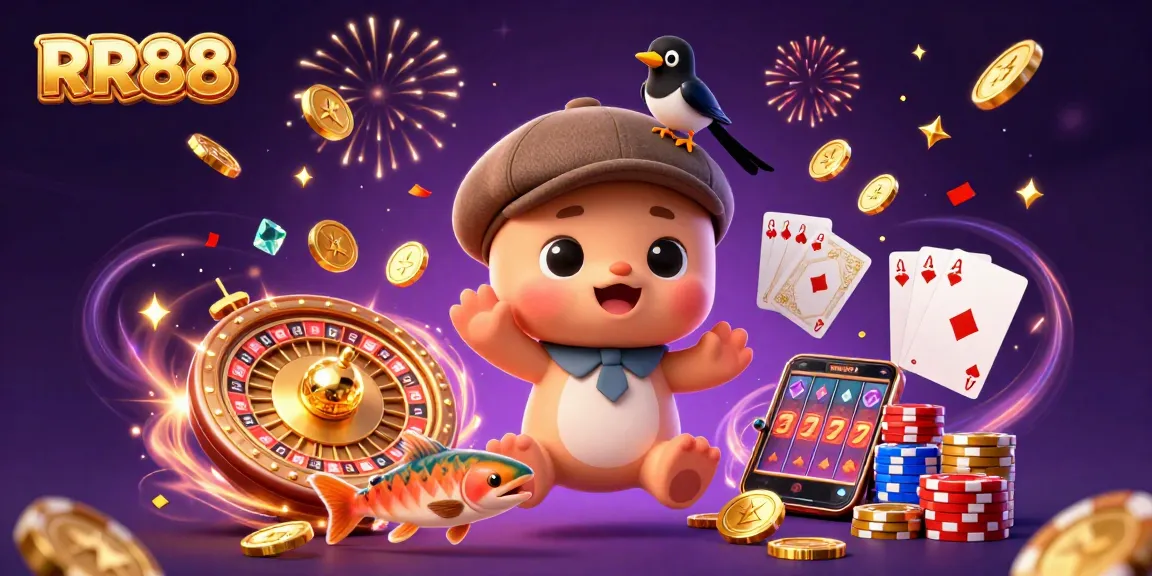 RR88 engages players in a vibrant casino scene with Nickel Monster and sparkling treasures.