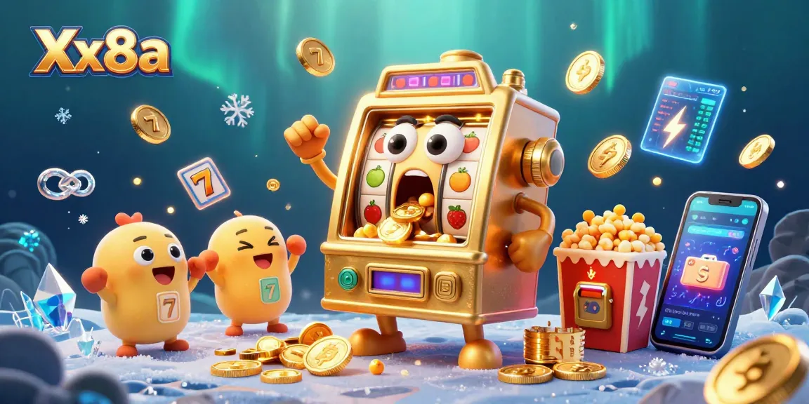 Xx8a slot machine celebrating a jackpot with cheering baby slots and gold coins raining down in a vibrant casino scene.