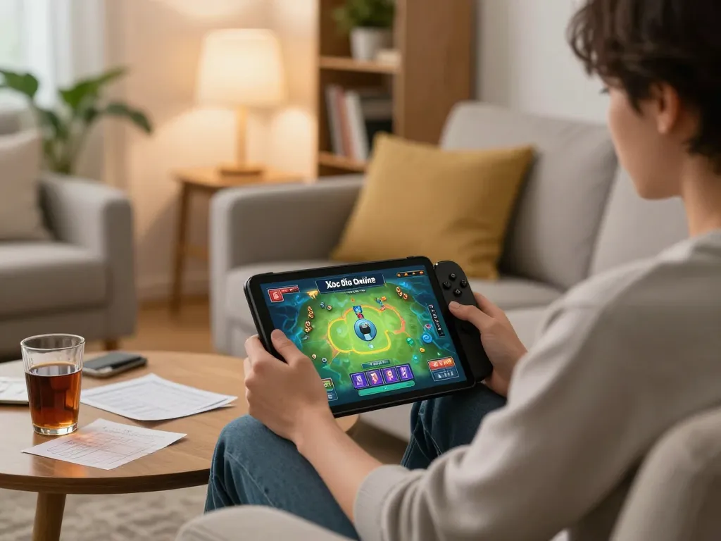 Xóc Đĩa Online gameplay on a tablet in a cozy home setting, showcasing strategy and enjoyment.