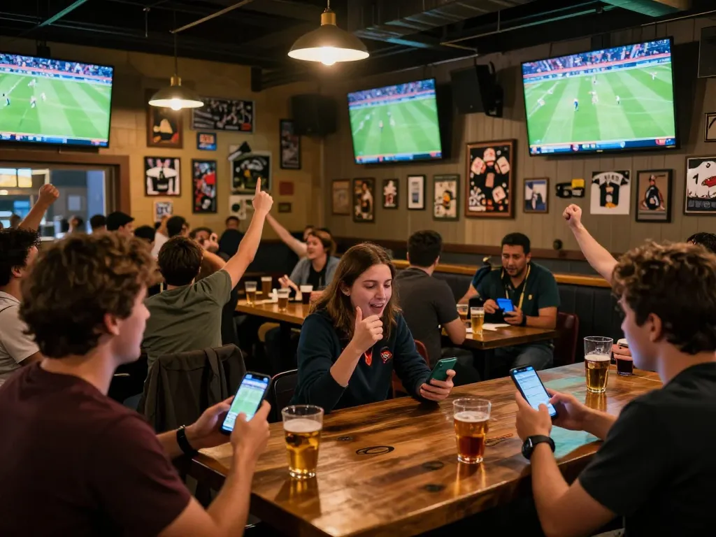 Engaged fans checking keo nha cai hom nay during live sporting event at a busy sports bar