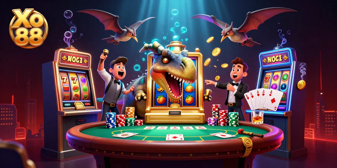 Xo 88 showcases a pachycephalosaurus headbutting a slot machine, with golden coins showering and a casino scene.