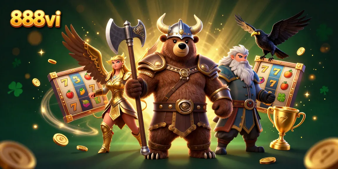 Engage in thrilling gameplay at 888vi with a captivating 3D casino scene featuring vibrant characters and slot elements.