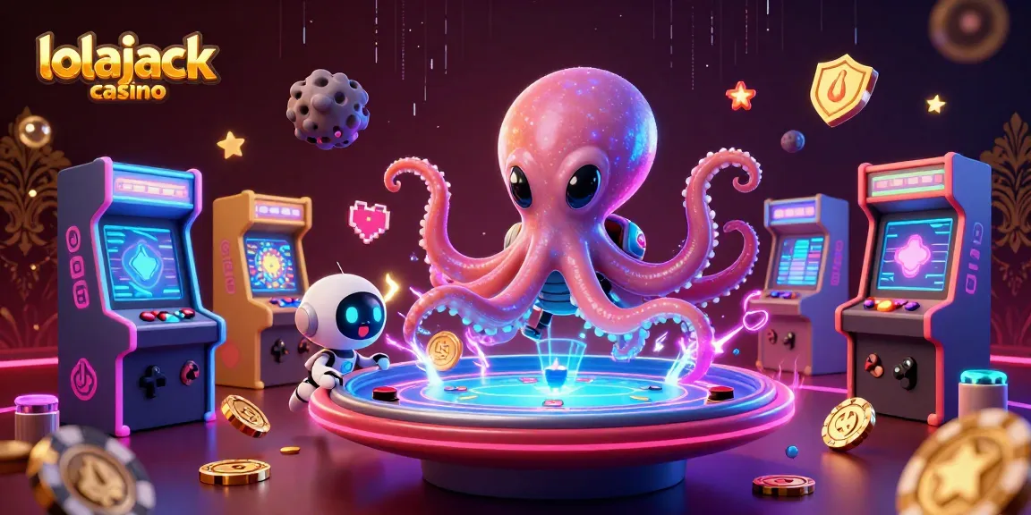 Experience thrilling gaming at lolajack casino with a vibrant 3D illustration of an alien octopus at a holographic poker table.