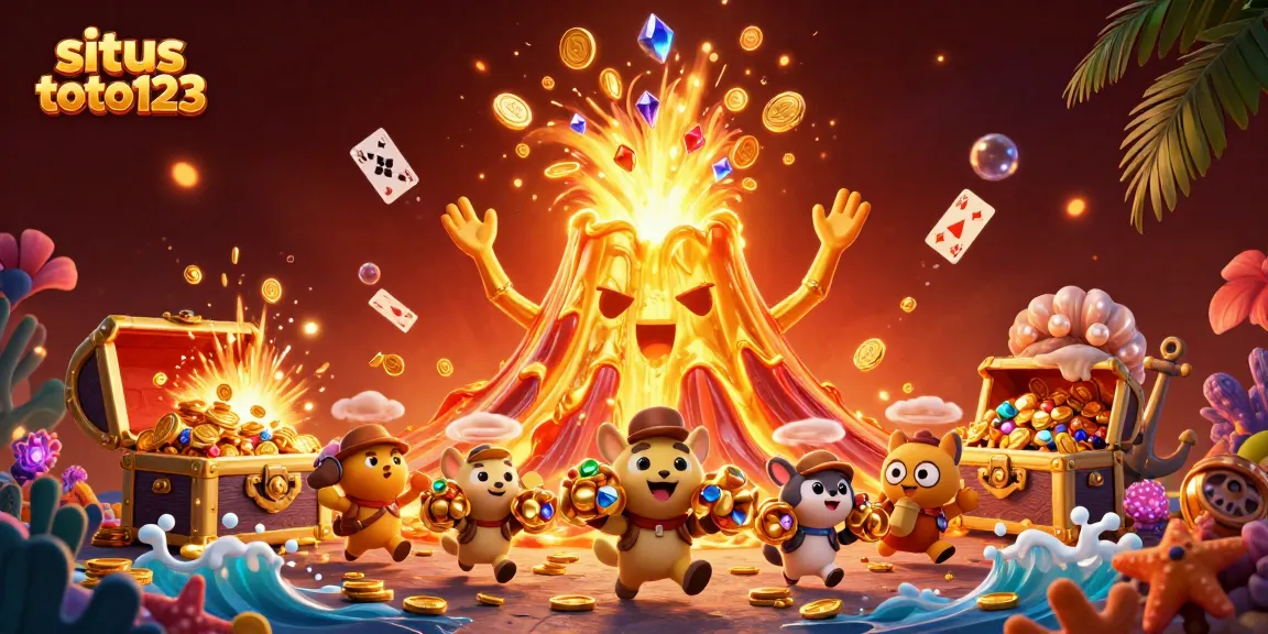 Discover exciting jackpots at situs toto123 with a triumphant volcano and vibrant treasure elements.