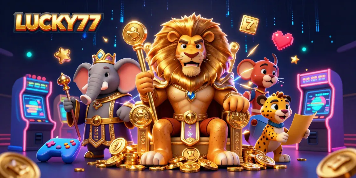 Win at LUCKY77 with a fierce lion king, gaming elements, and bright casino ambiance.