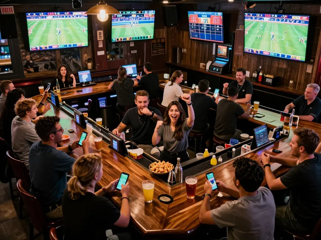 VIN88 sports enthusiasts engaging in live betting at a vibrant sportsbook bar.
