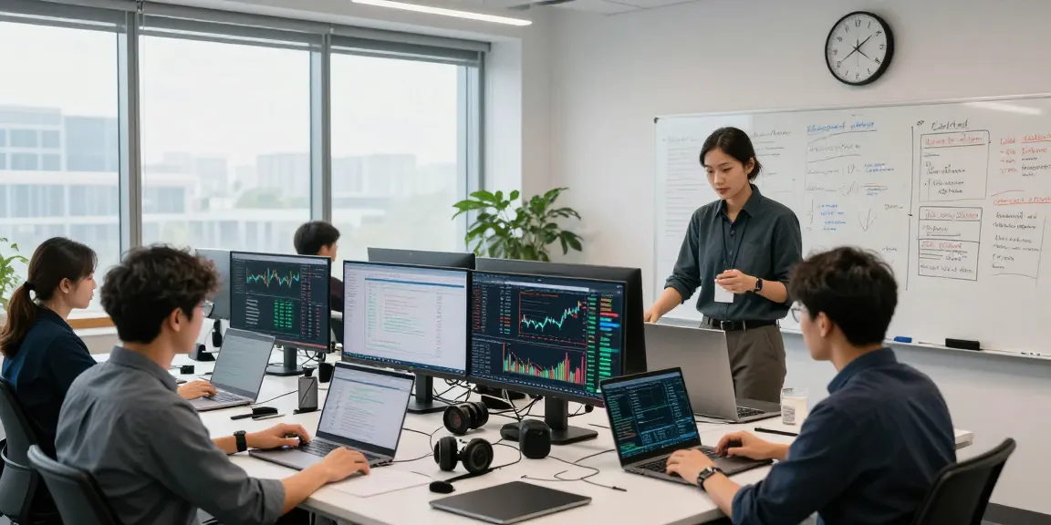 使用恒生指数历史K线API的金融开发人员在现代办公室中协作，展示实时数据分析的动态环境。