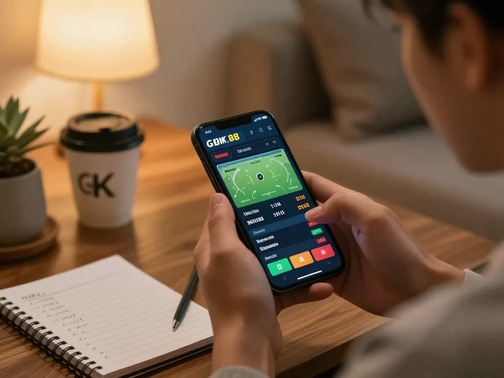 Engaging in sports betting on GK88 with a smartphone while analyzing live odds and strategies.