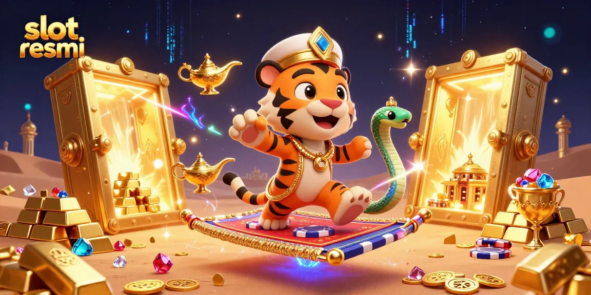 Engage with slot resmi at a vibrant online casino featuring a jubilant tiger sultan amid a treasure trove.