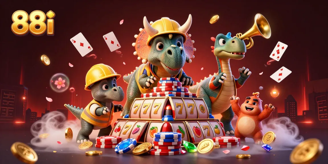 88i players celebrate wins with the triceratops building poker chip pyramids in a vibrant casino scene