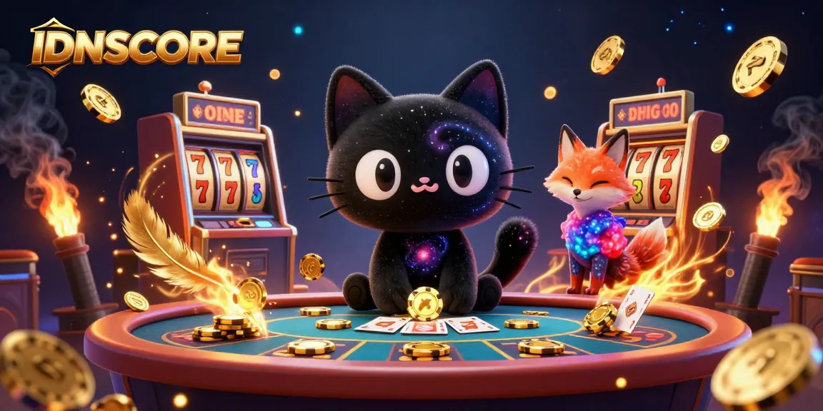 IDNSCORE showcases an exciting cosmic casino scene with a black hole cat and colorful companions enjoying winning spins.