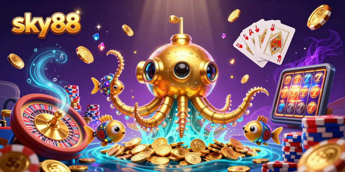 Experience excitement with sky88 in a vibrant 3D casino illustration of mechanical sea creatures.